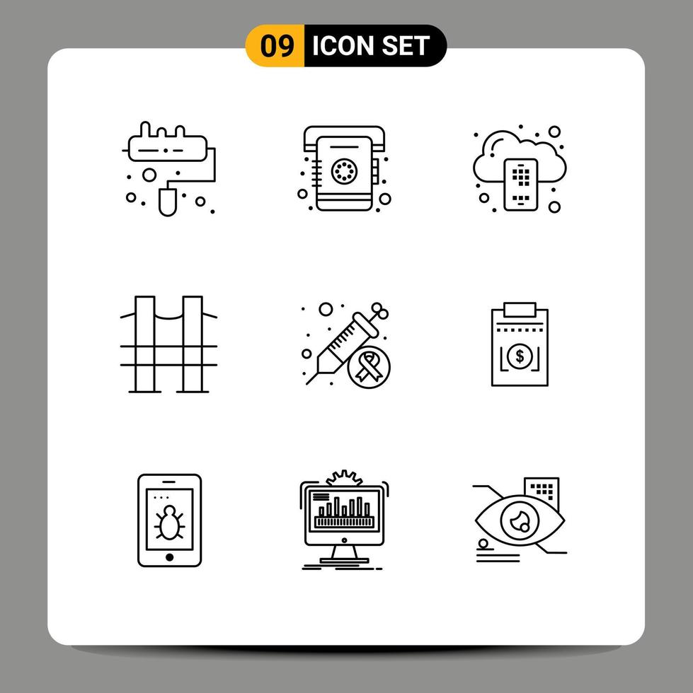 Stock Vector Icon Pack of 9 Line Signs and Symbols for health cancer cloud road journey Editable Vector Design Elements