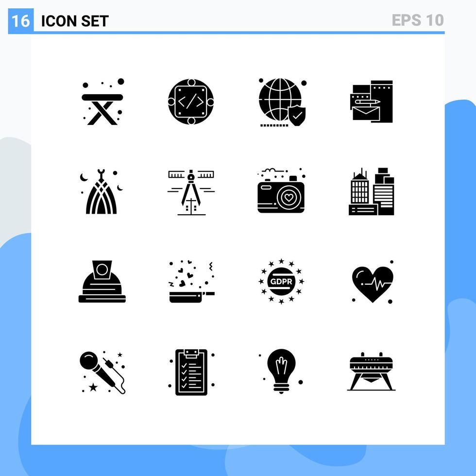 grupo de 16 signos y símbolos de glifos sólidos para elementos de diseño de vectores editables seguros de marca de globo de identidad islámica
