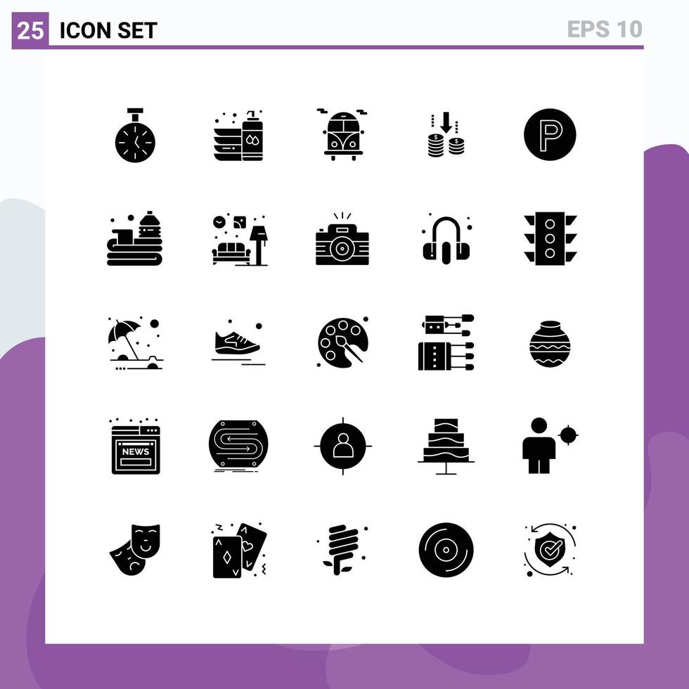 Set of 25 Vector Solid Glyphs on Grid for camping analysis wash fund money Editable Vector Design Elements