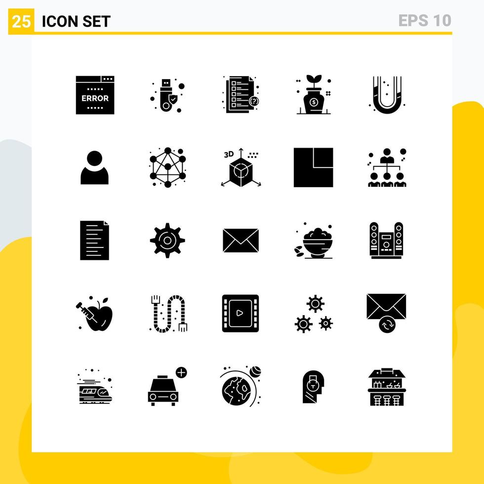 User Interface Pack of 25 Basic Solid Glyphs of mechanical investment usb growth support Editable Vector Design Elements