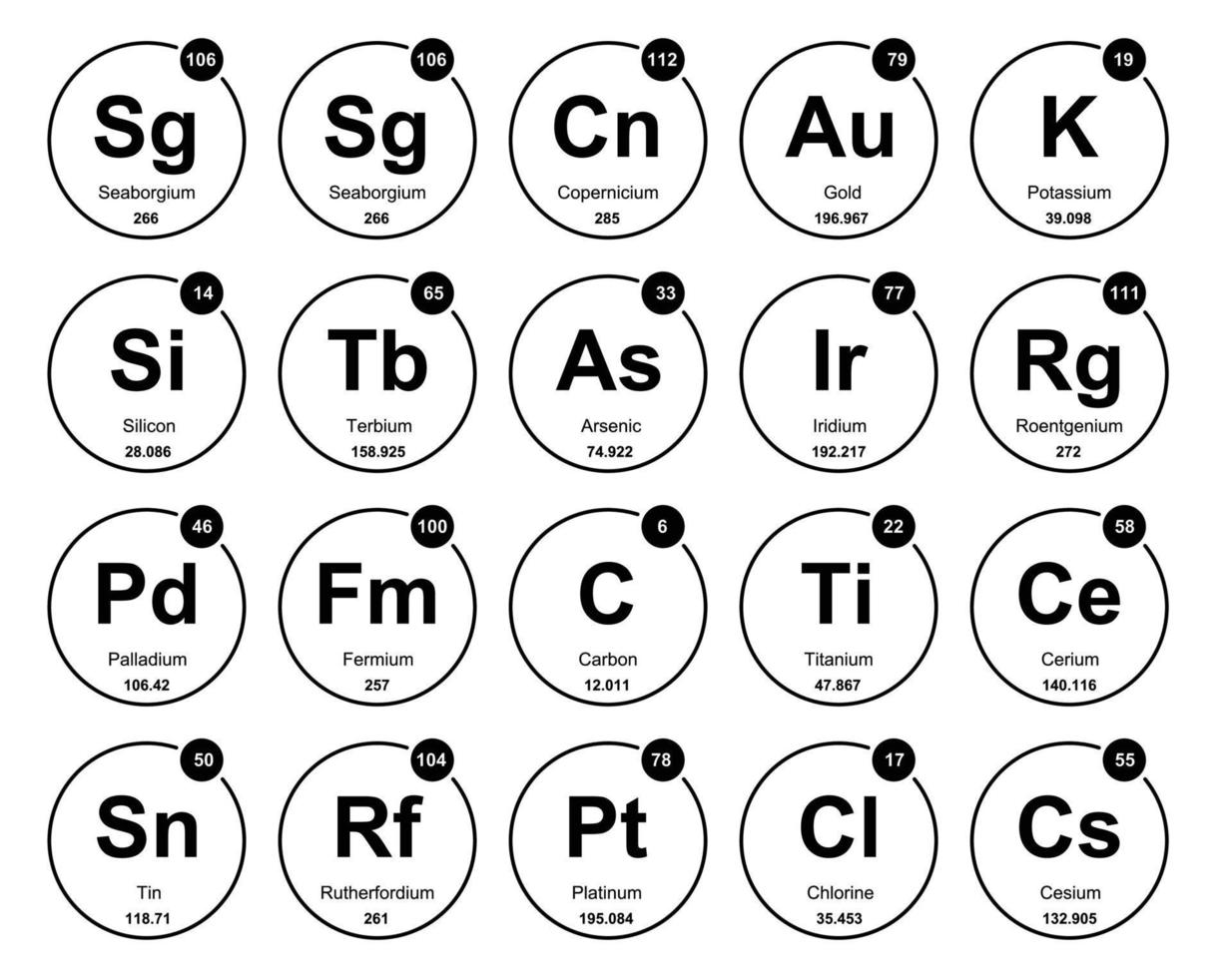 diseño de paquete de iconos de 20 tablas preiodicas de los elementos vector