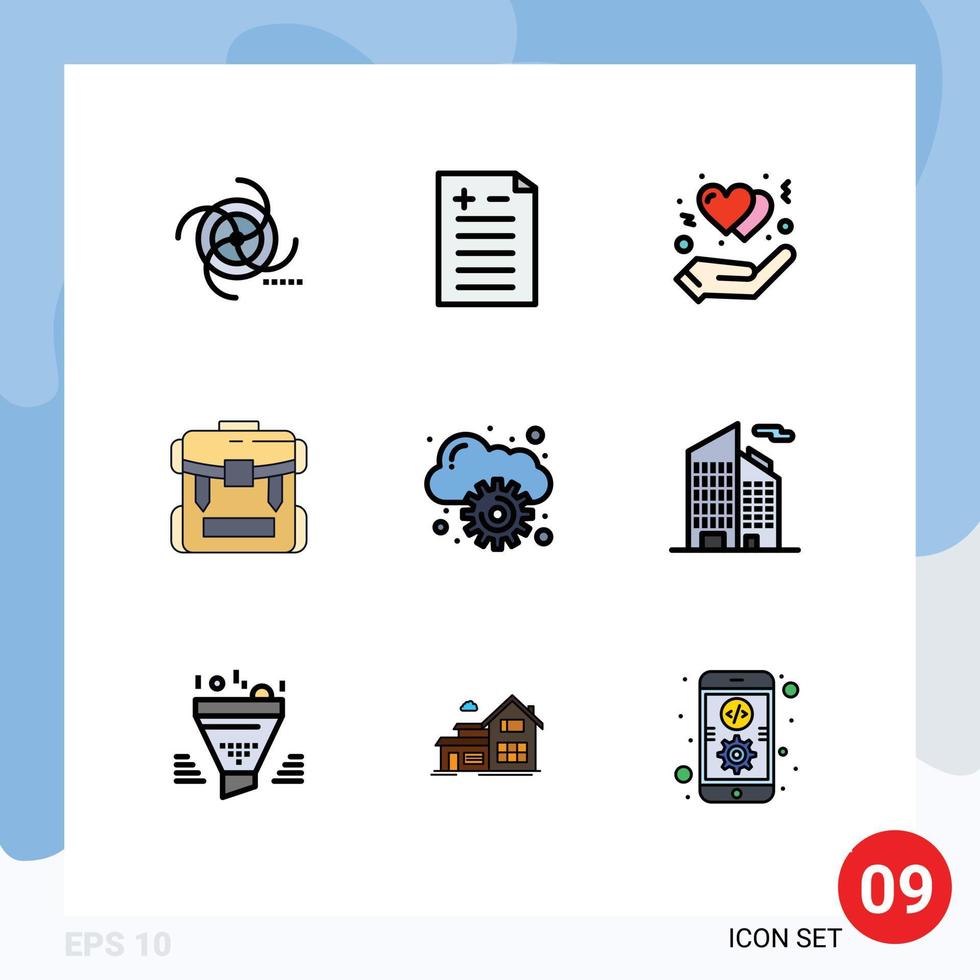 9 Filledline Flat Color concept for Websites Mobile and Apps cloud hiking protect zipper bag Editable Vector Design Elements