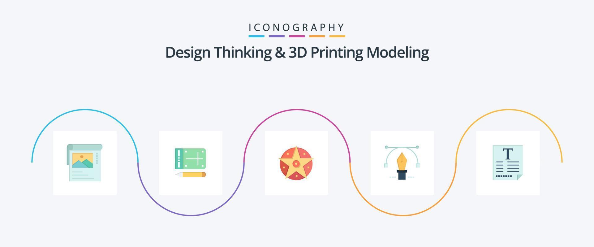 Design Thinking And D Printing Modeling Flat 5 Icon Pack Including text . education. pentacle. text. pen vector