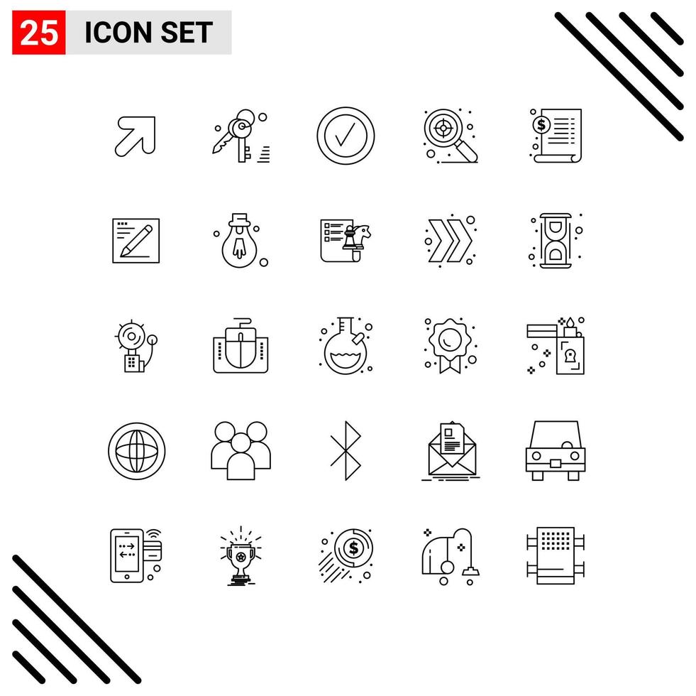 Group of 25 Lines Signs and Symbols for pencil dollar tick medical document Editable Vector Design Elements