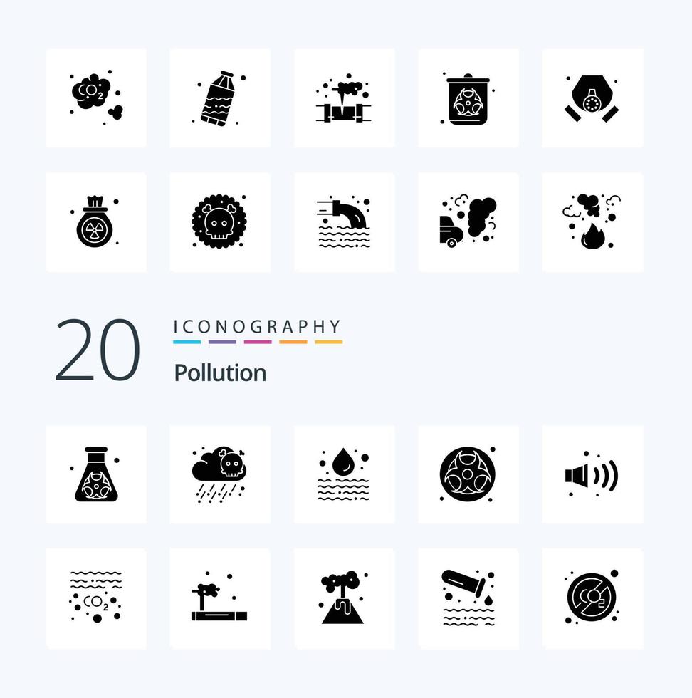 20 Pollution Solid Glyph icon Pack like pollution gas leak waste hazard vector