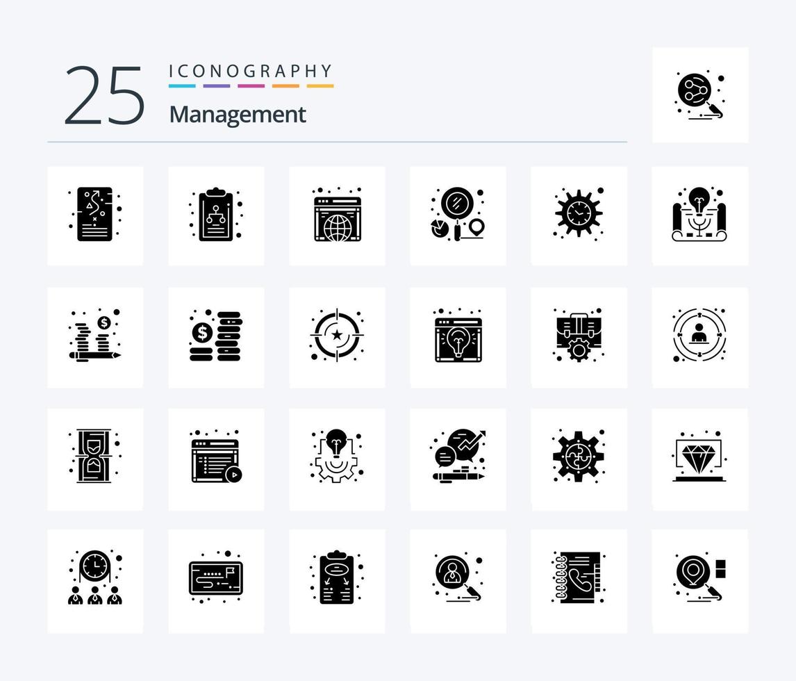 gestión 25 paquete de iconos de glifos sólidos que incluye gestión. buscar. global. localización. descubridor vector