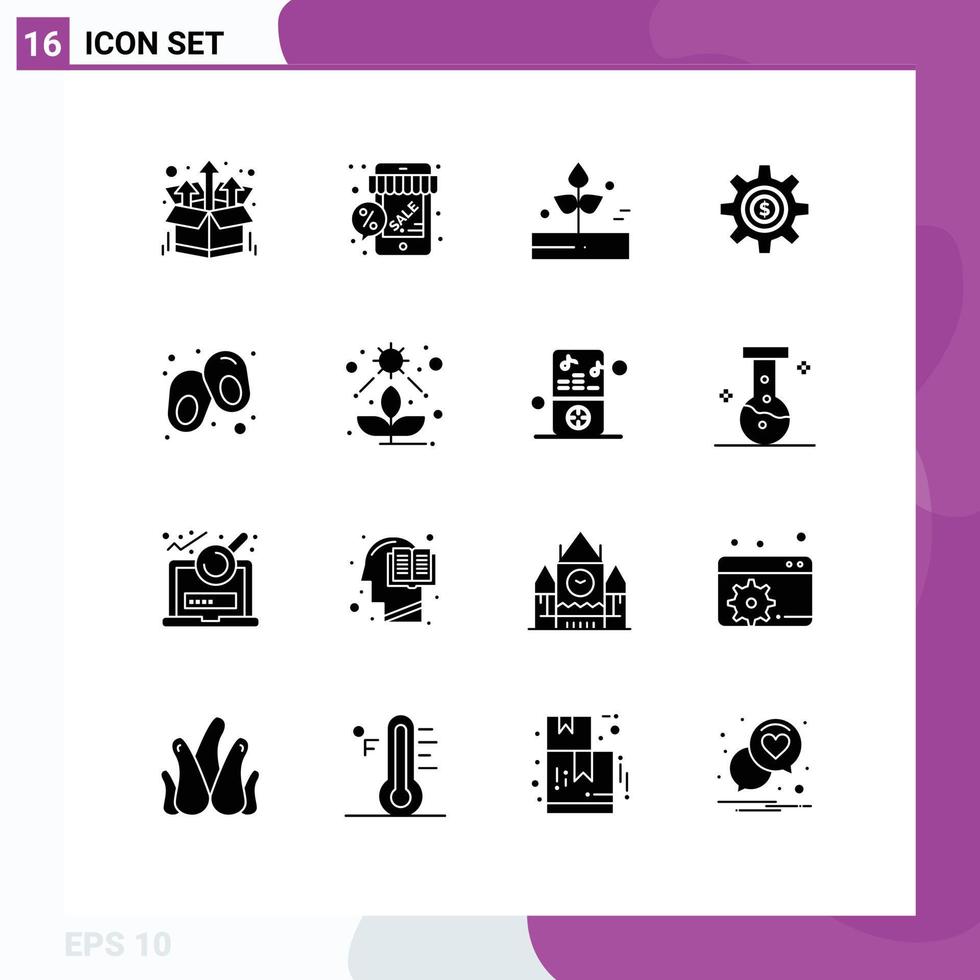 Editable Vector Line Pack of 16 Simple Solid Glyphs of dollar wheel shop cog rain Editable Vector Design Elements