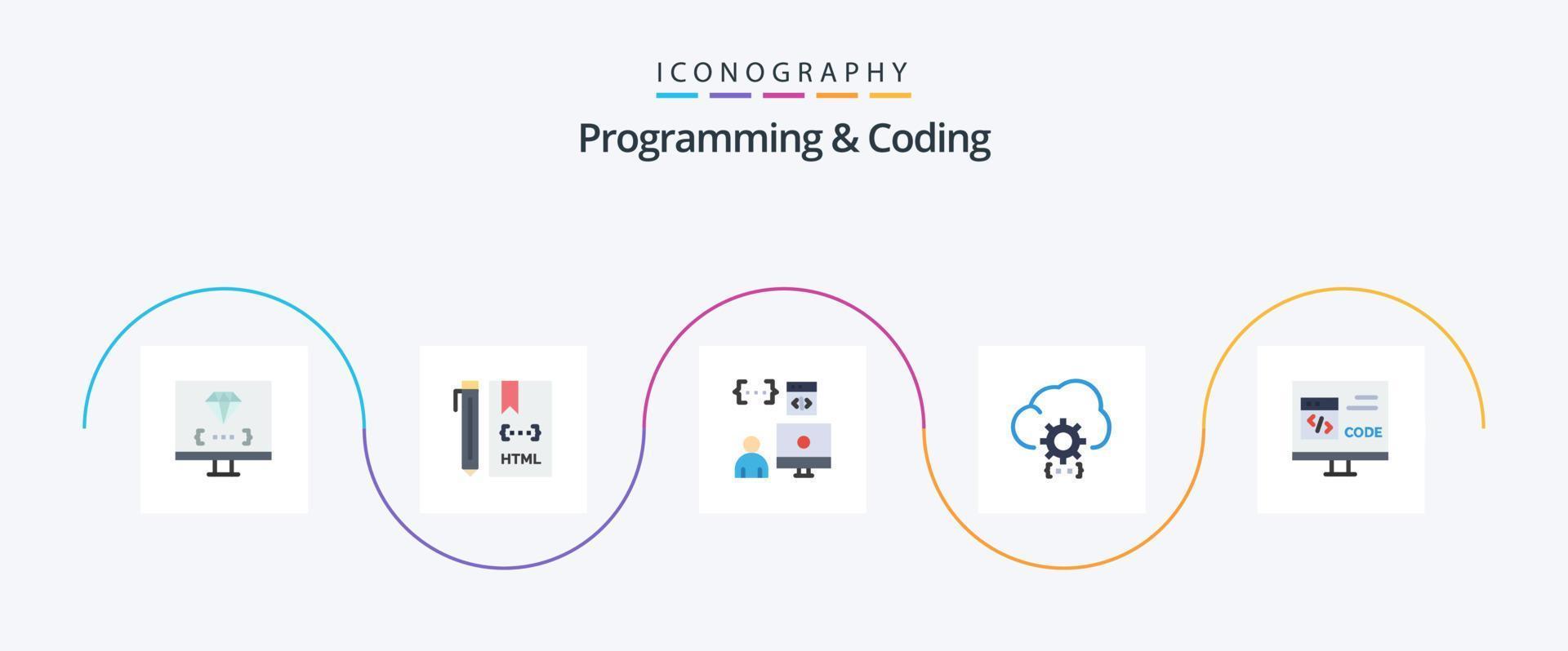 Programming And Coding Flat 5 Icon Pack Including develop. cloud. development. programmer. develop vector