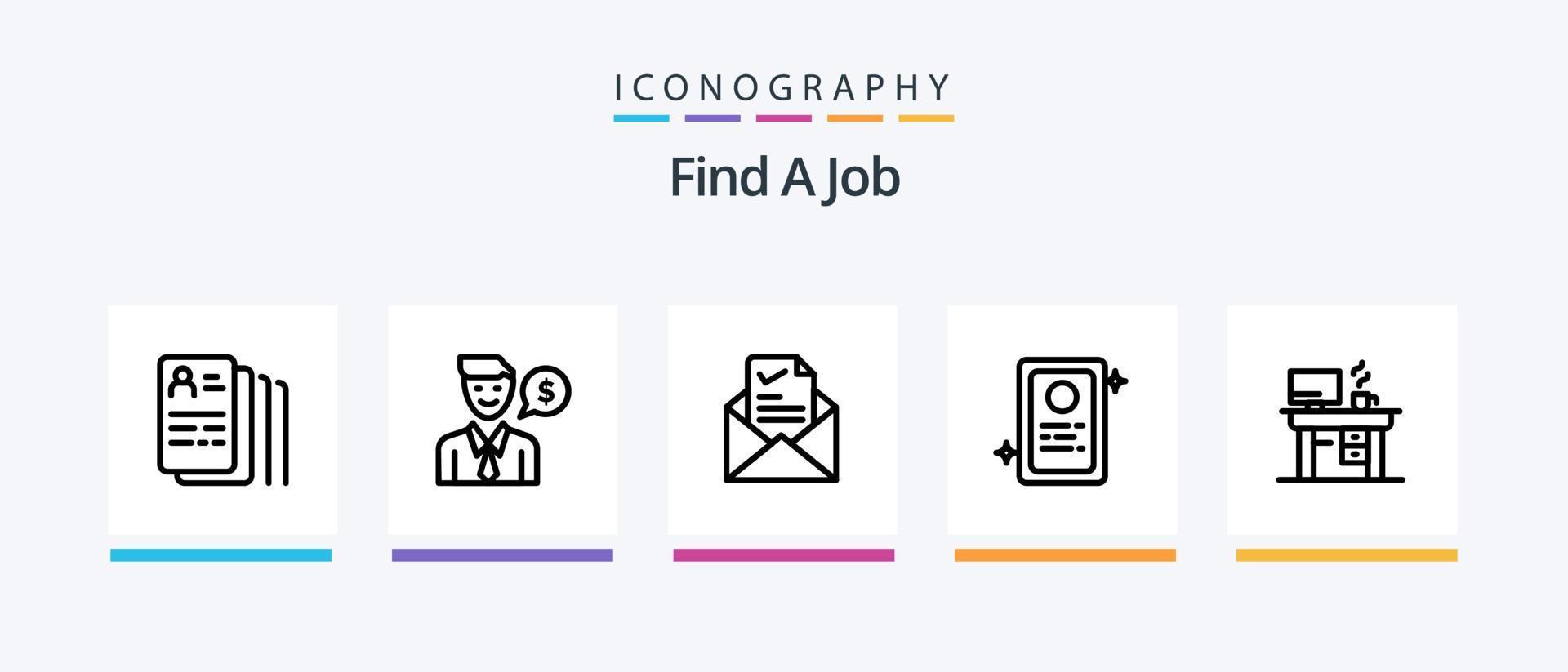 encuentre un paquete de iconos de la línea de trabajo 5 que incluya la búsqueda de trabajo. CV. encontrar. laboral. ordenador portátil. diseño de iconos creativos vector