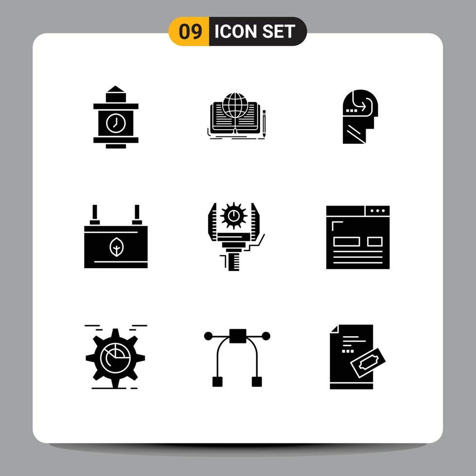 Editable Vector Line Pack of 9 Simple Solid Glyphs of automation electricity learning ecology battery Editable Vector Design Elements