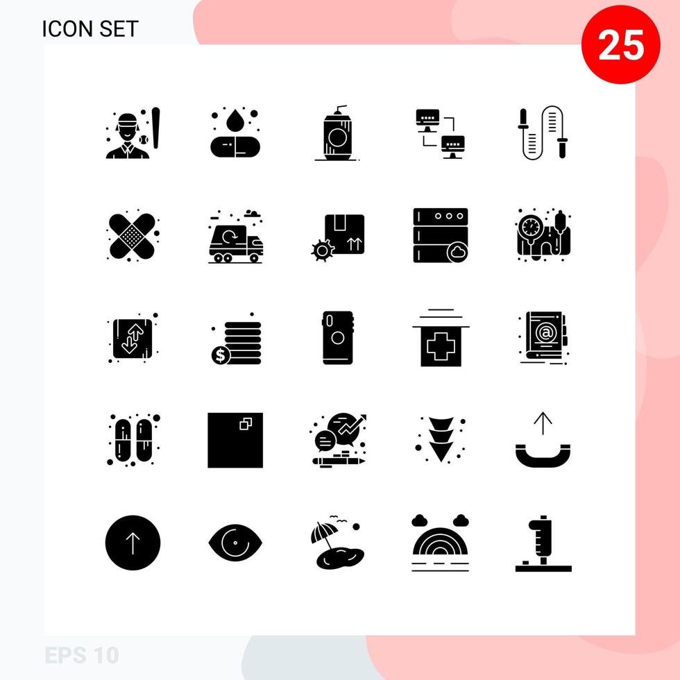 Set of 25 Commercial Solid Glyphs pack for jumping computing medicine network usa Editable Vector Design Elements