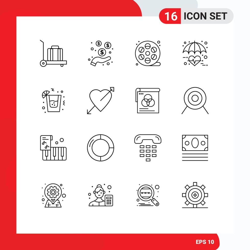 Pack of 16 Modern Outlines Signs and Symbols for Web Print Media such as party drink arts heart medical Editable Vector Design Elements