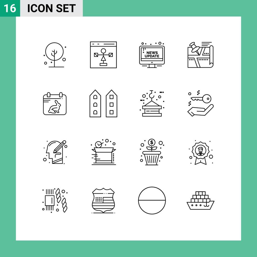 grupo de símbolos de iconos universales de 16 contornos modernos de ubicación de programación de rutas pin elementos de diseño de vectores editables públicos
