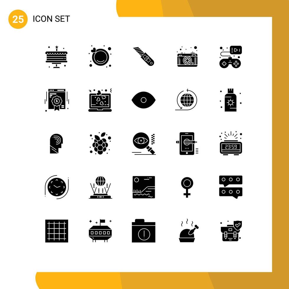 Modern Set of 25 Solid Glyphs and symbols such as video game game repair controller lense Editable Vector Design Elements