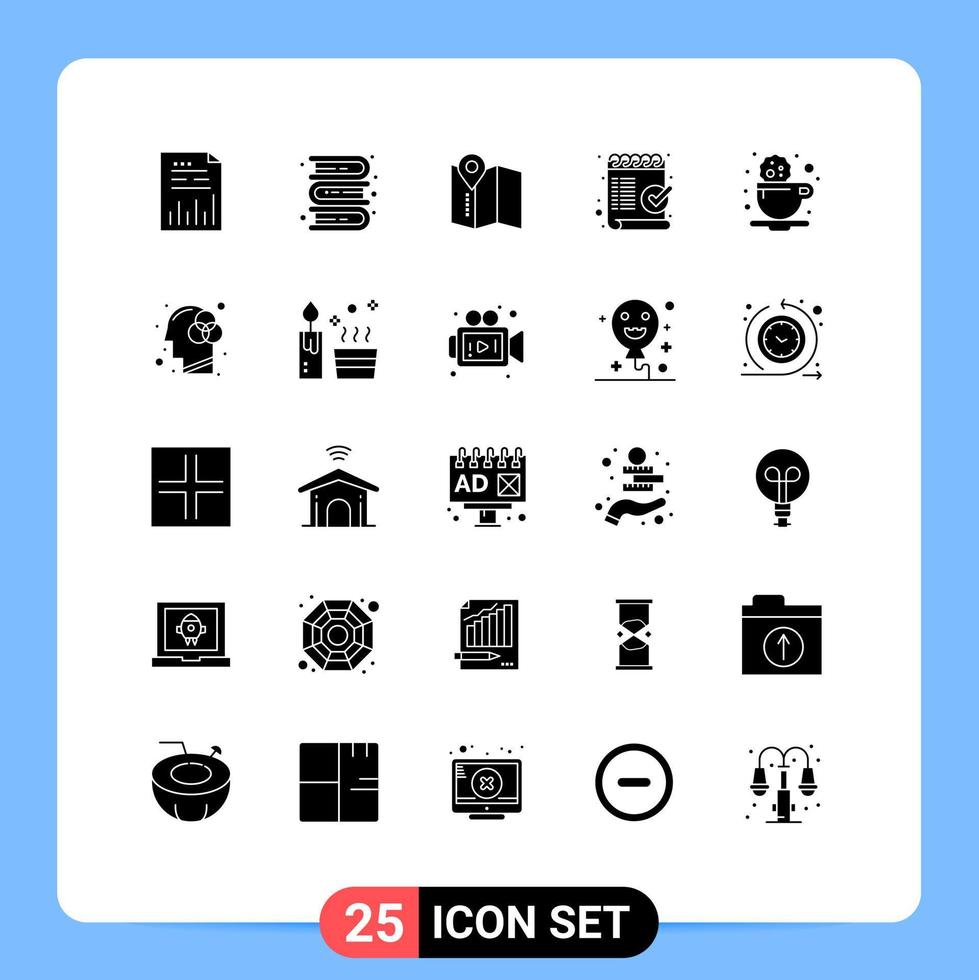 Set of 25 Commercial Solid Glyphs pack for break mark learning list check Editable Vector Design Elements