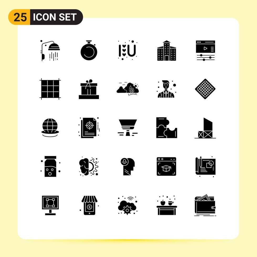 Modern Set of 25 Solid Glyphs Pictograph of video creative heart construction building Editable Vector Design Elements