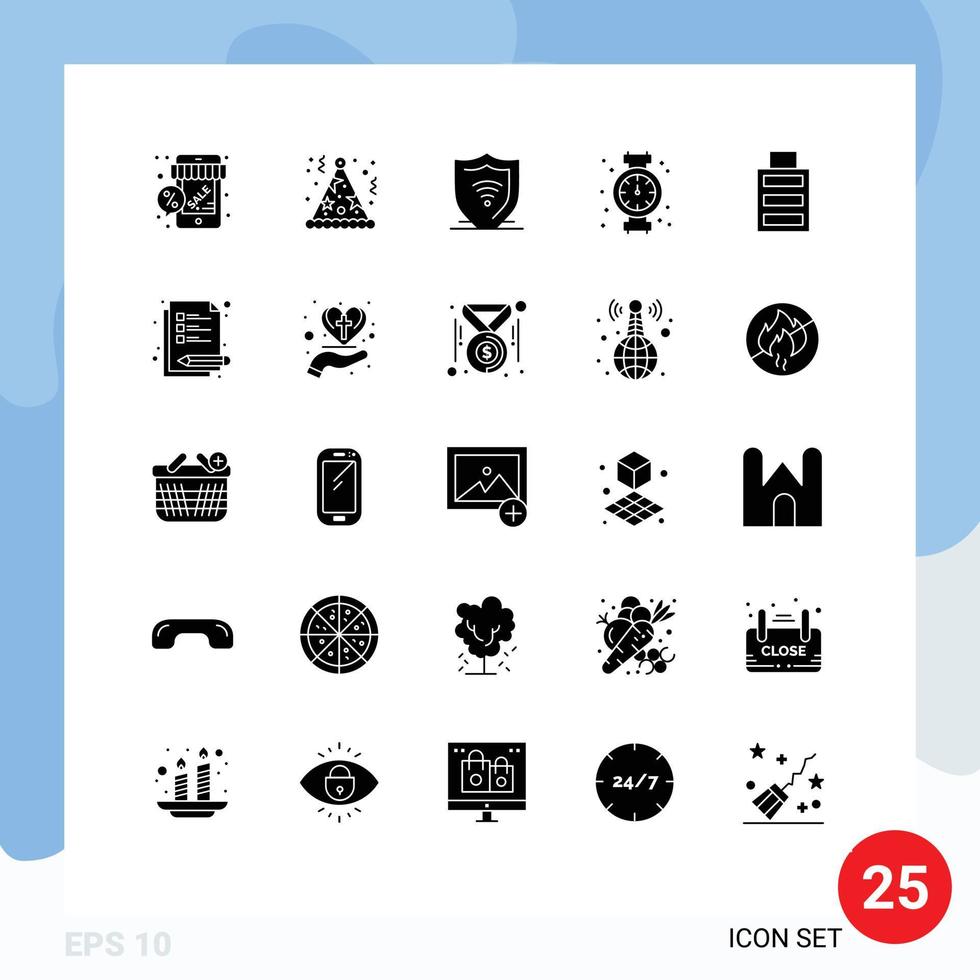 25 Universal Solid Glyph Signs Symbols of battery plumber hat mechanical shield Editable Vector Design Elements