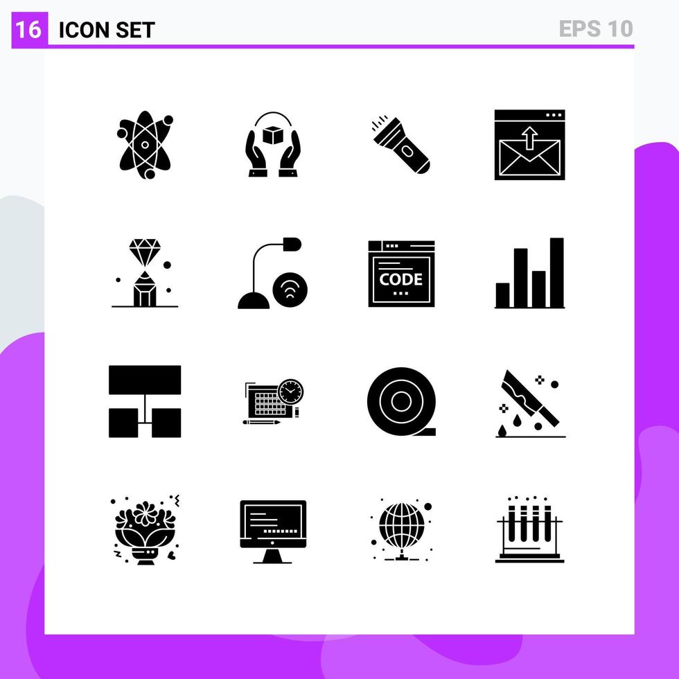 Editable Vector Line Pack of 16 Simple Solid Glyphs of mail contact us responsibility contact flash Editable Vector Design Elements