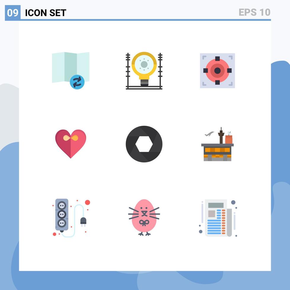 Group of 9 Flat Colors Signs and Symbols for focus aperture target ribbon heart Editable Vector Design Elements