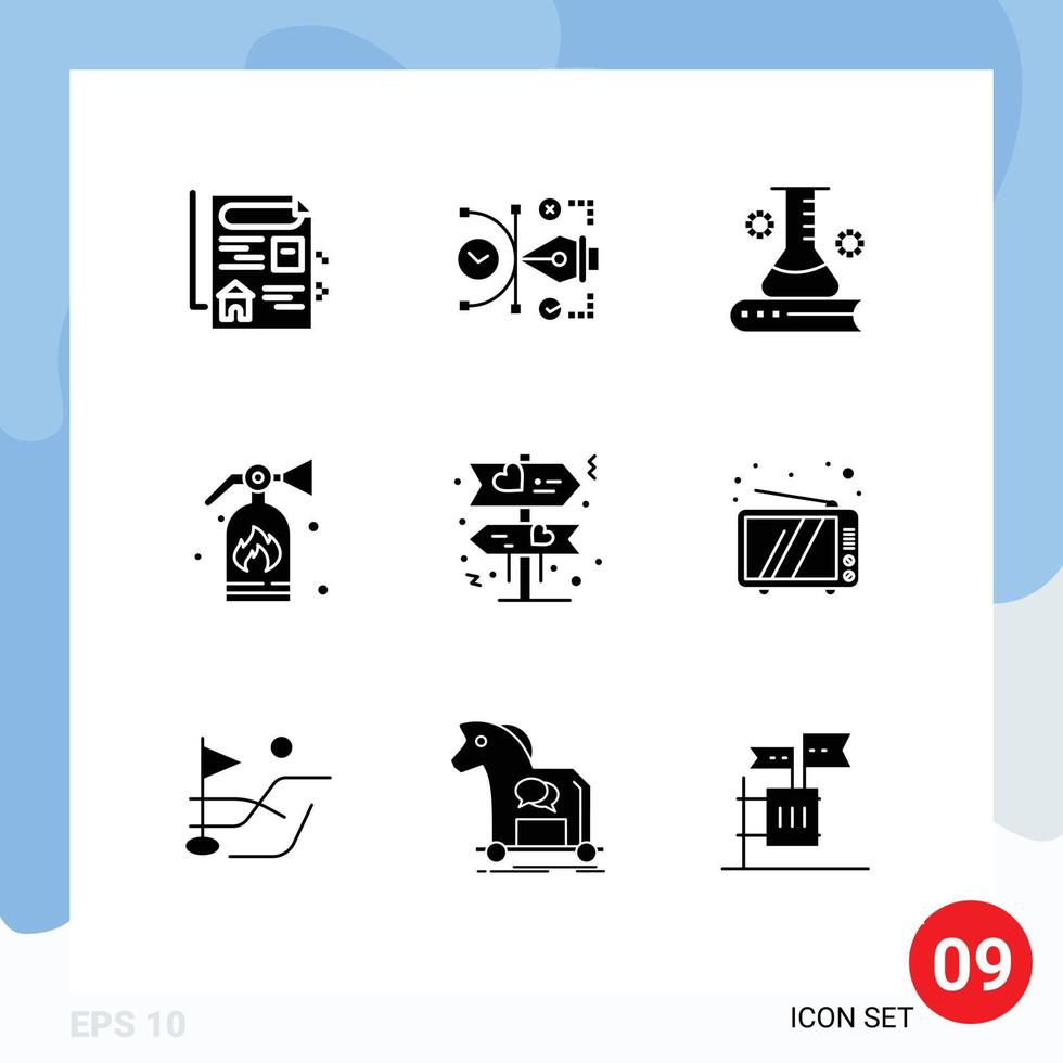 Group of 9 Modern Solid Glyphs Set for direction security science and education fire scientific Editable Vector Design Elements