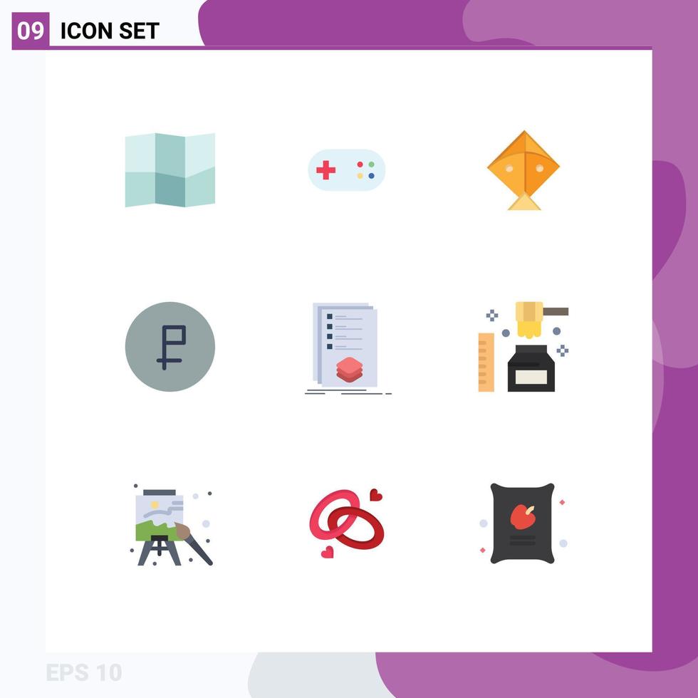 Pictogram Set of 9 Simple Flat Colors of listing check flying categories finance Editable Vector Design Elements