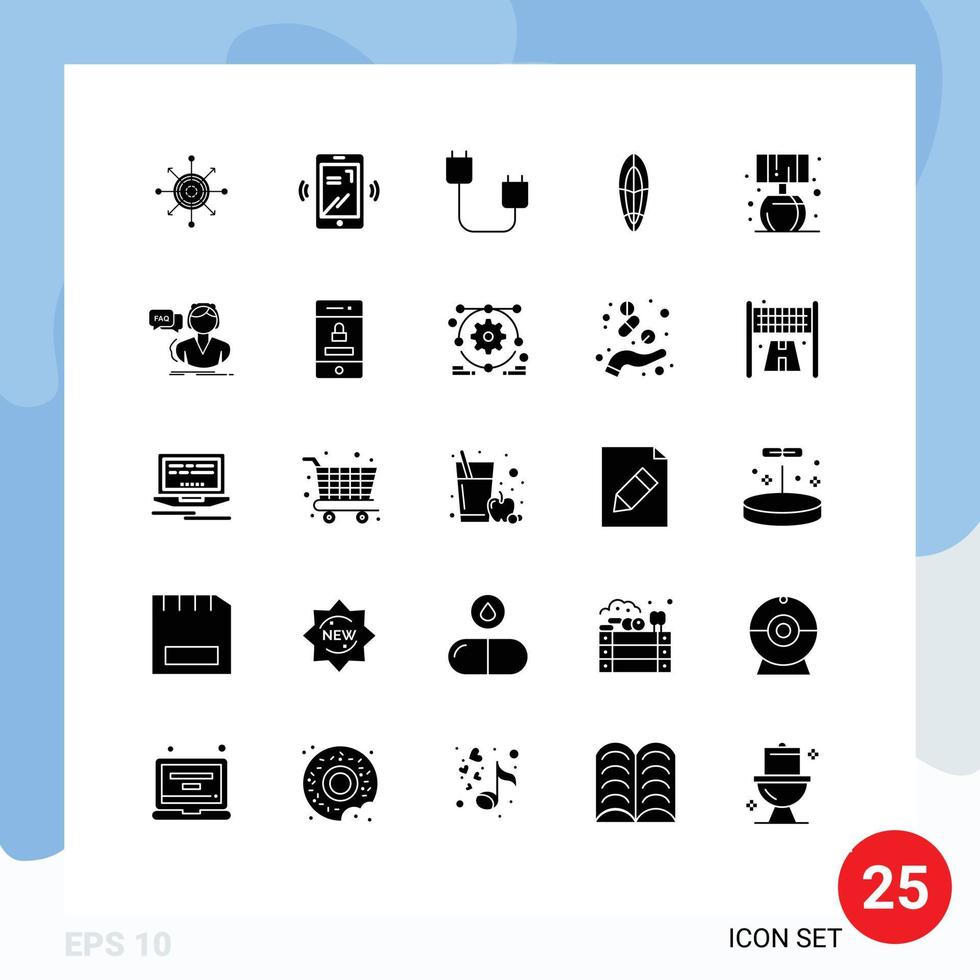 conjunto de pictogramas de 25 glifos sólidos simples de computadoras de tablas de surf domésticas hardware deportivo elementos de diseño vectorial editables vector