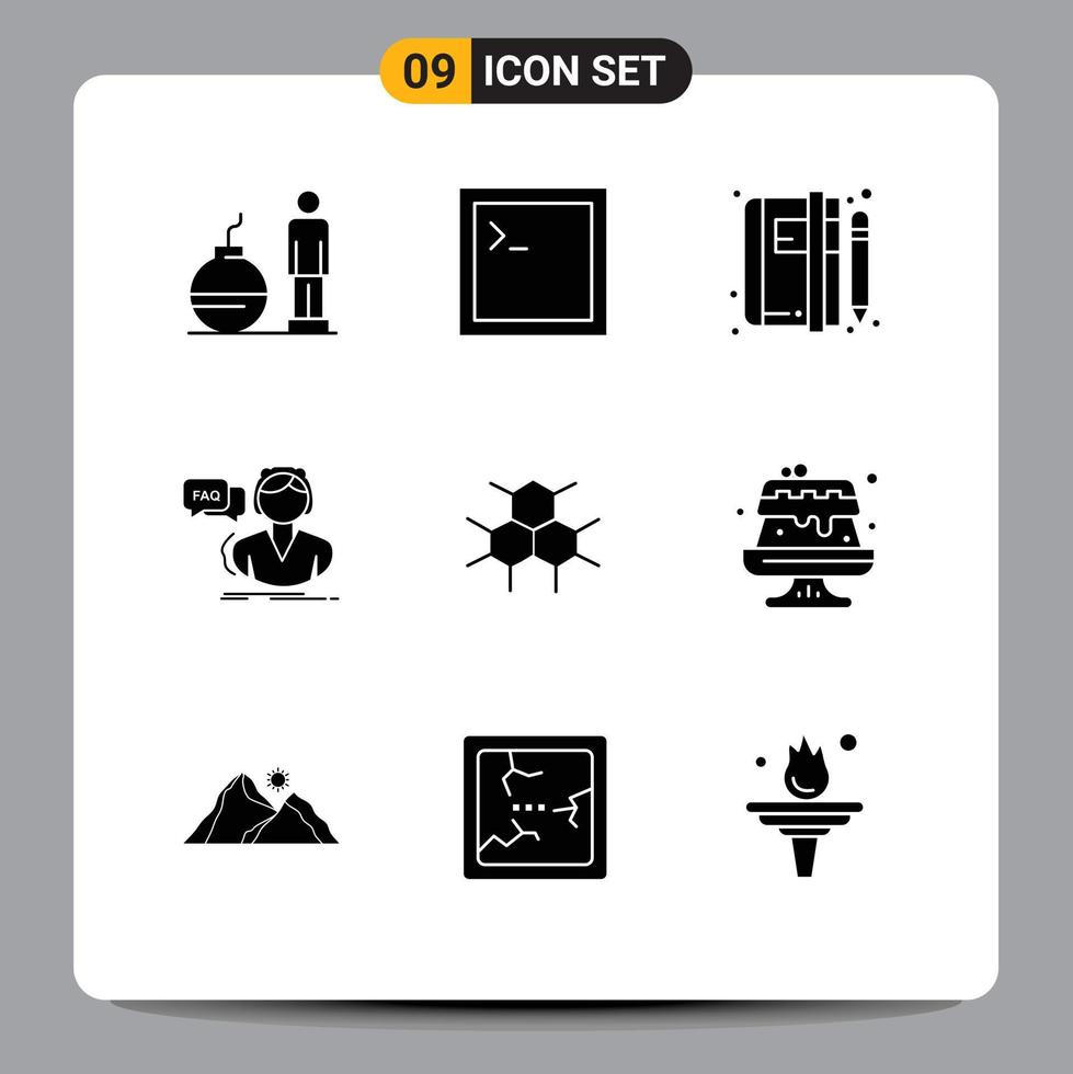 paquete de línea de vector editable de 9 glifos sólidos simples de consulta molecular llamada de libro preguntas frecuentes elementos de diseño de vector editable
