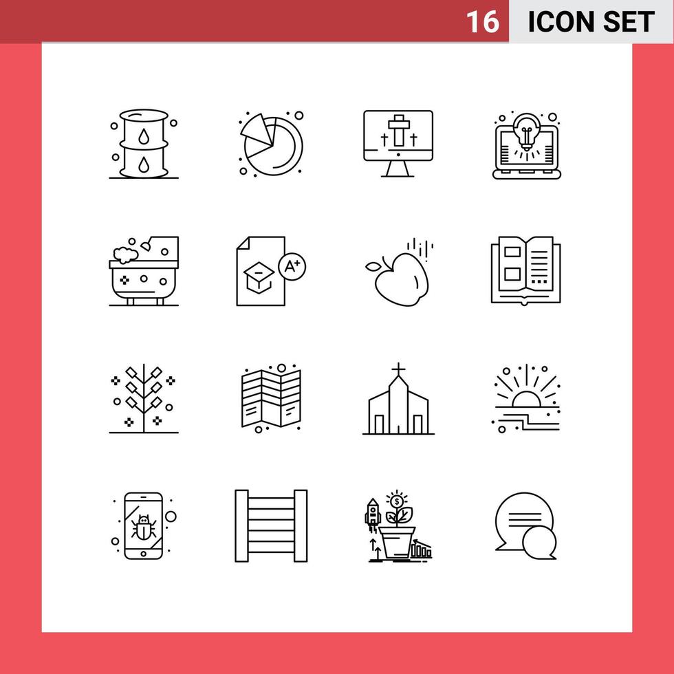 Pictogram Set of 16 Simple Outlines of bathroom solution monitor laptop bulb Editable Vector Design Elements