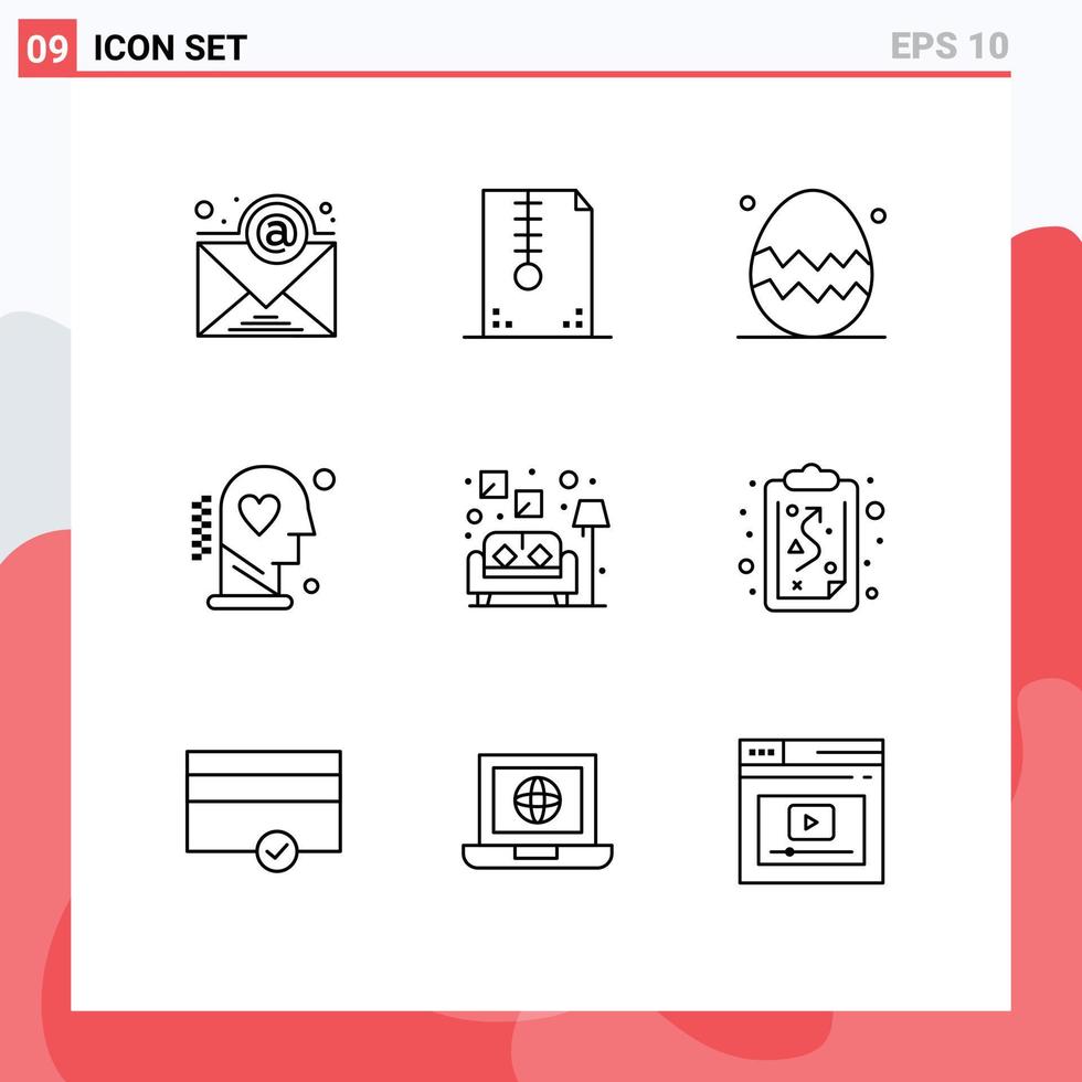 Mobile Interface Outline Set of 9 Pictograms of couch process easter egg love brain Editable Vector Design Elements