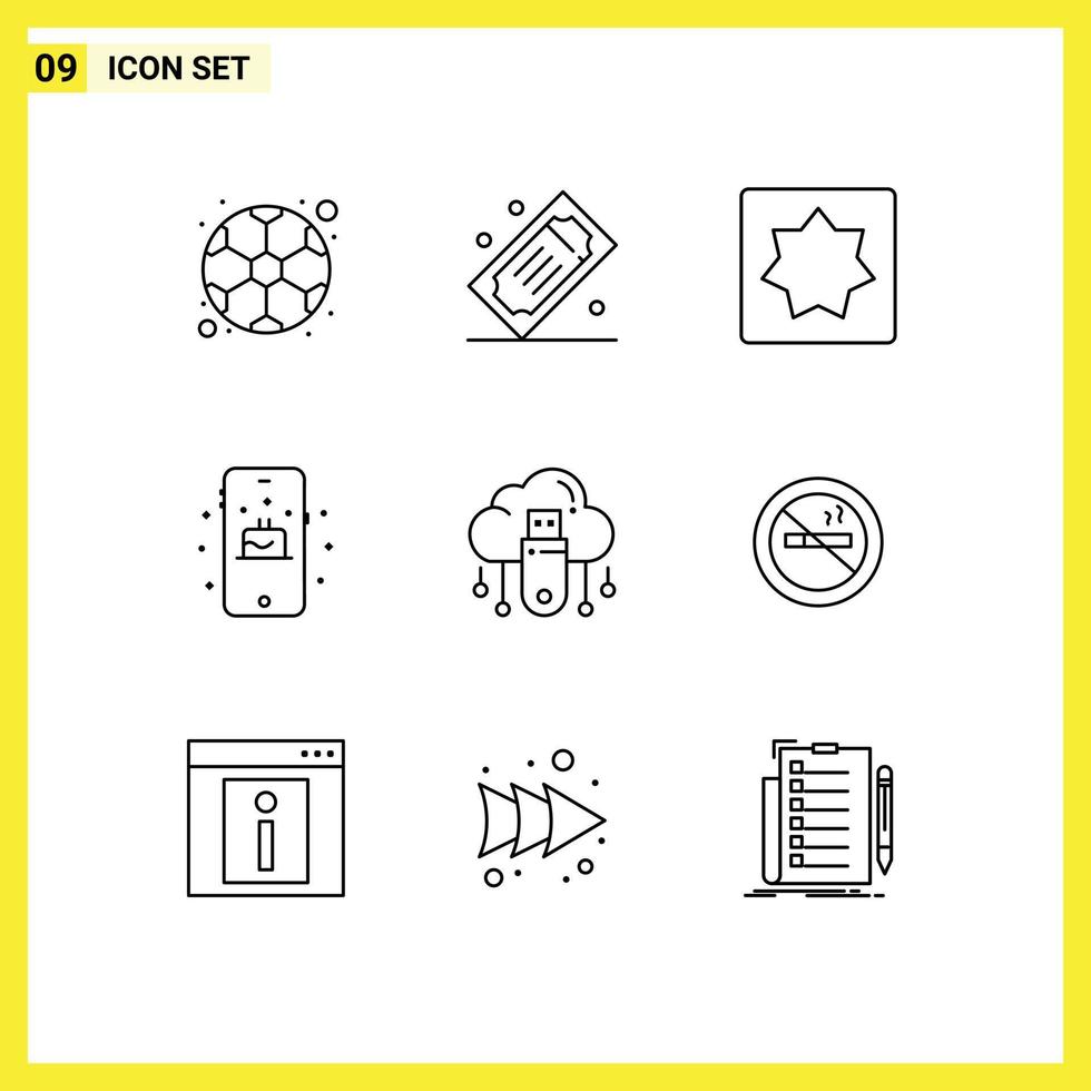 Universal Icon Symbols Group of 9 Modern Outlines of data cake tickets mobile puzzle Editable Vector Design Elements