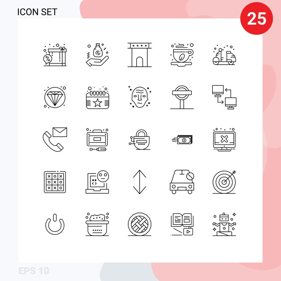 Mobile Interface Line Set of 25 Pictograms of leaf cafe hand coffee cup historic Editable Vector Design Elements
