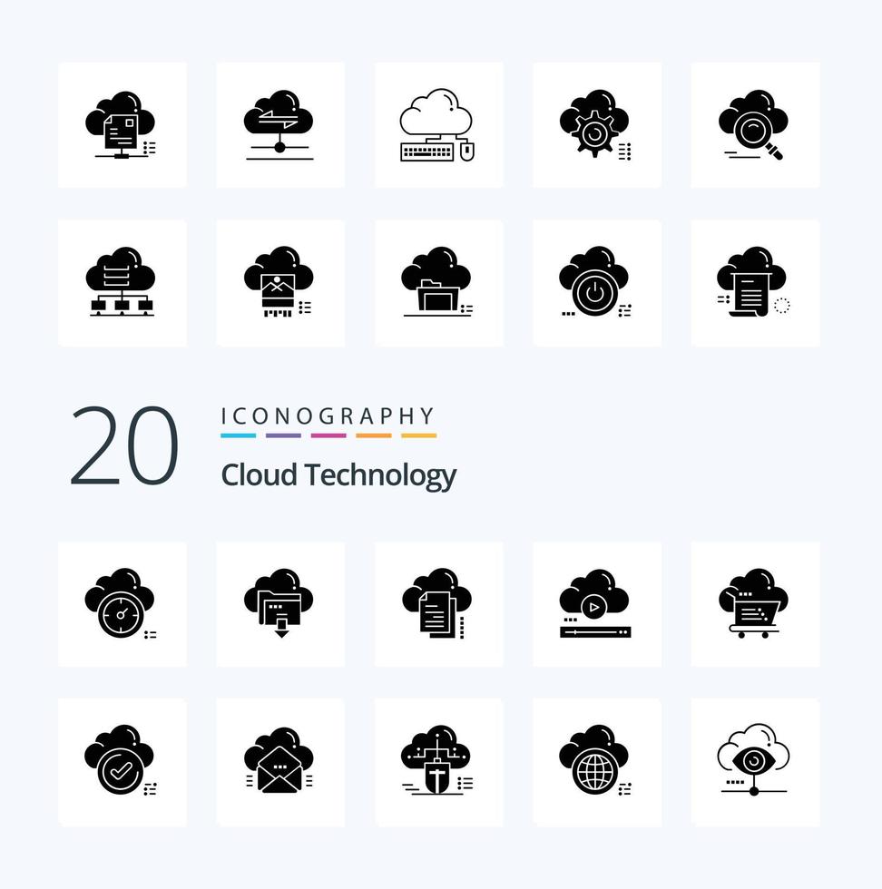 20 Cloud Technology Solid Glyph icon Pack like cloud file computing video cloud vector