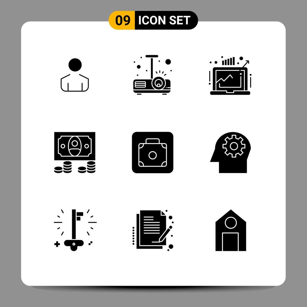 Solid Glyph Pack of 9 Universal Symbols of luggage baggage demand money cash Editable Vector Design Elements