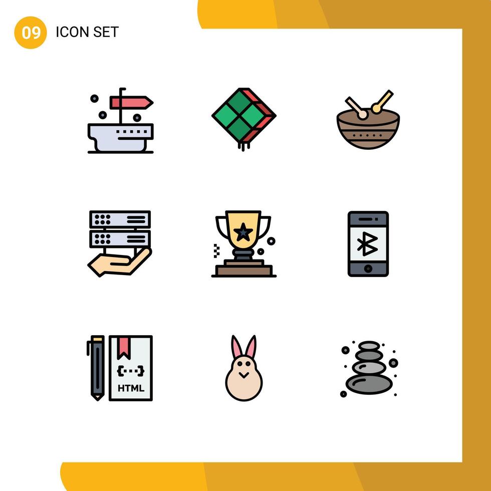 grupo de 9 signos y símbolos de colores planos de línea rellena para elementos de diseño vectorial editables de datos compartidos de tambor de control de premios vector