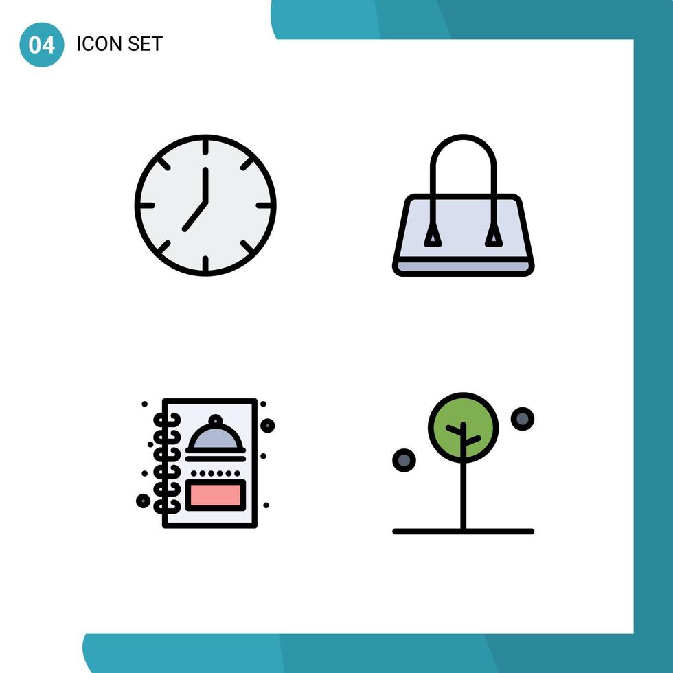 4 Filledline Flat Color concept for Websites Mobile and Apps clock menu book multimedia purse forest Editable Vector Design Elements