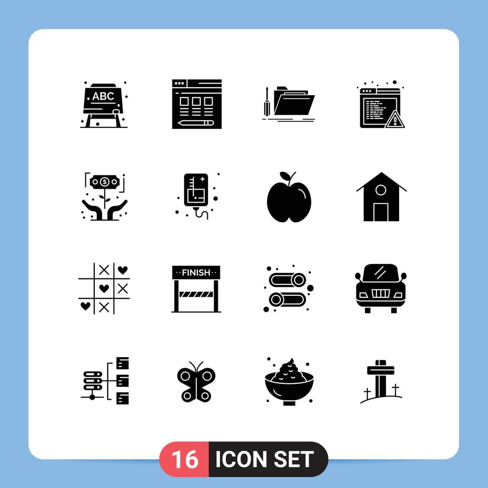 Editable Vector Line Pack of 16 Simple Solid Glyphs of investor growth repair finance browser Editable Vector Design Elements