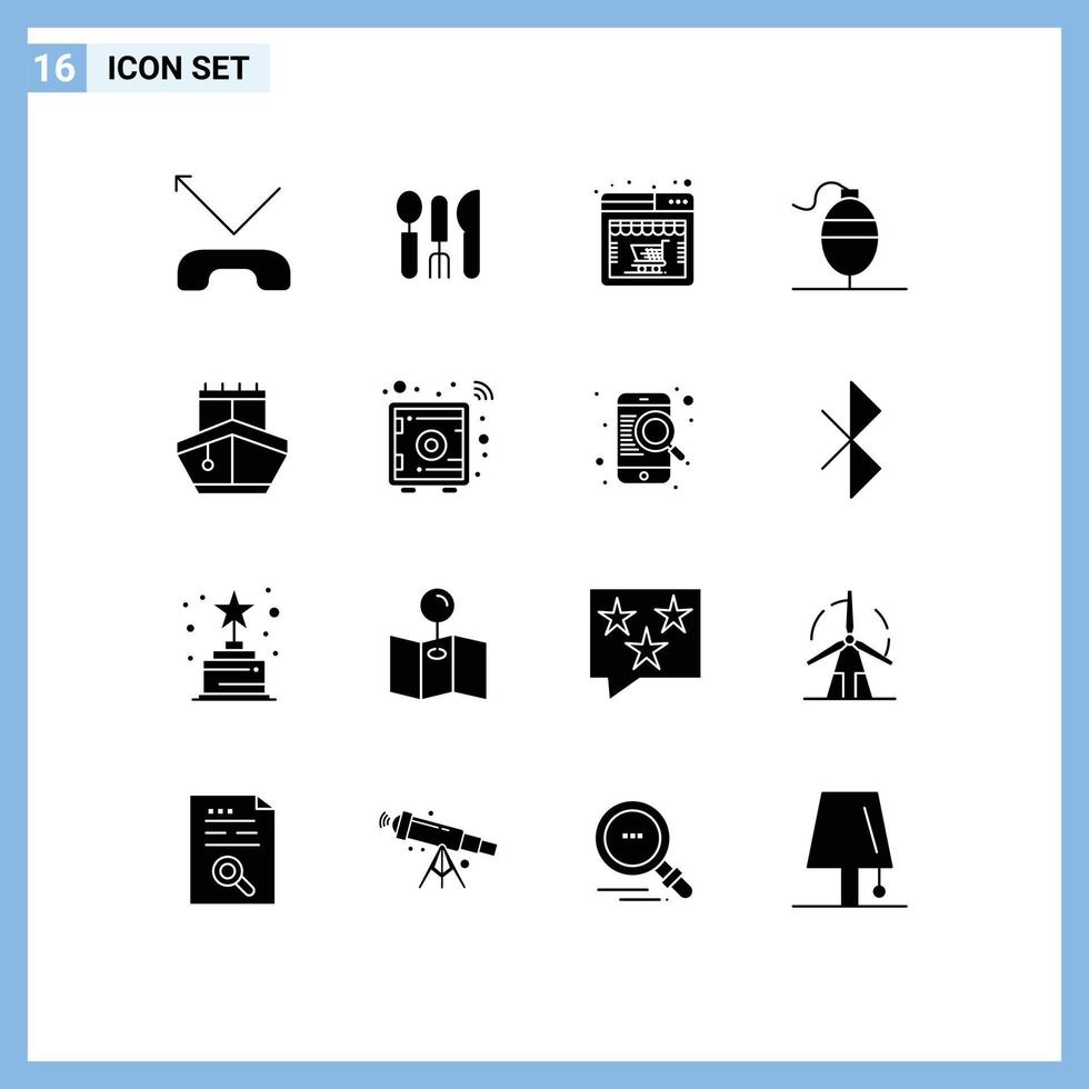 Universal Icon Symbols Group of 16 Modern Solid Glyphs of vehicles transport shop sail fish Editable Vector Design Elements