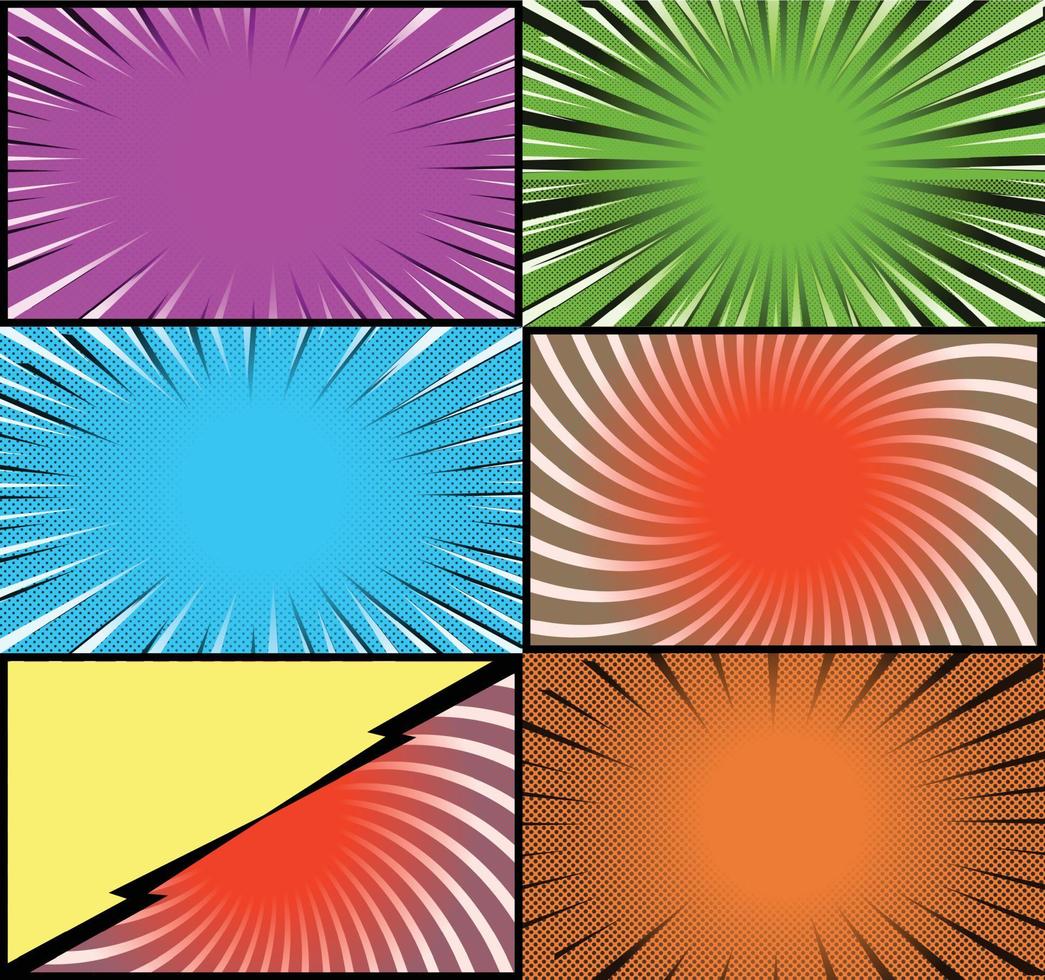 Comic book colorful frames background with halftone rays radial and dotted effects pop art style vector