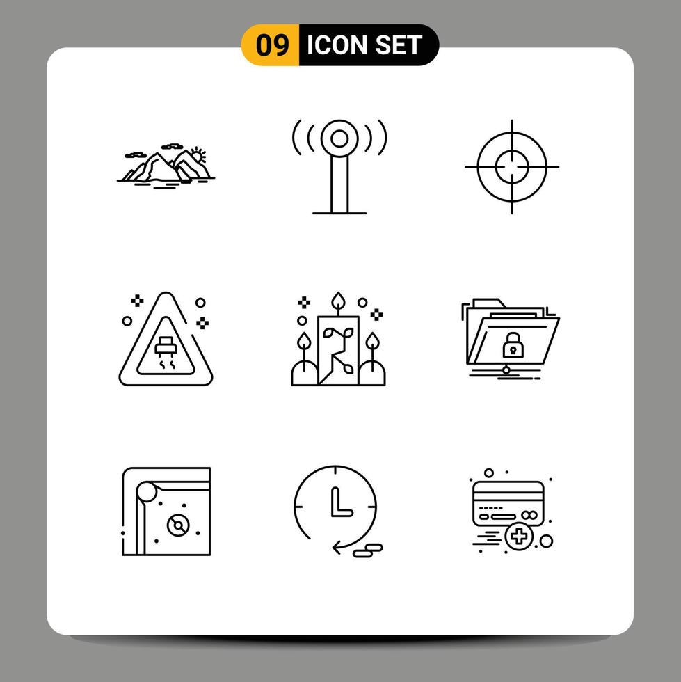 Modern Set of 9 Outlines Pictograph of ornamental illumination target candle road Editable Vector Design Elements