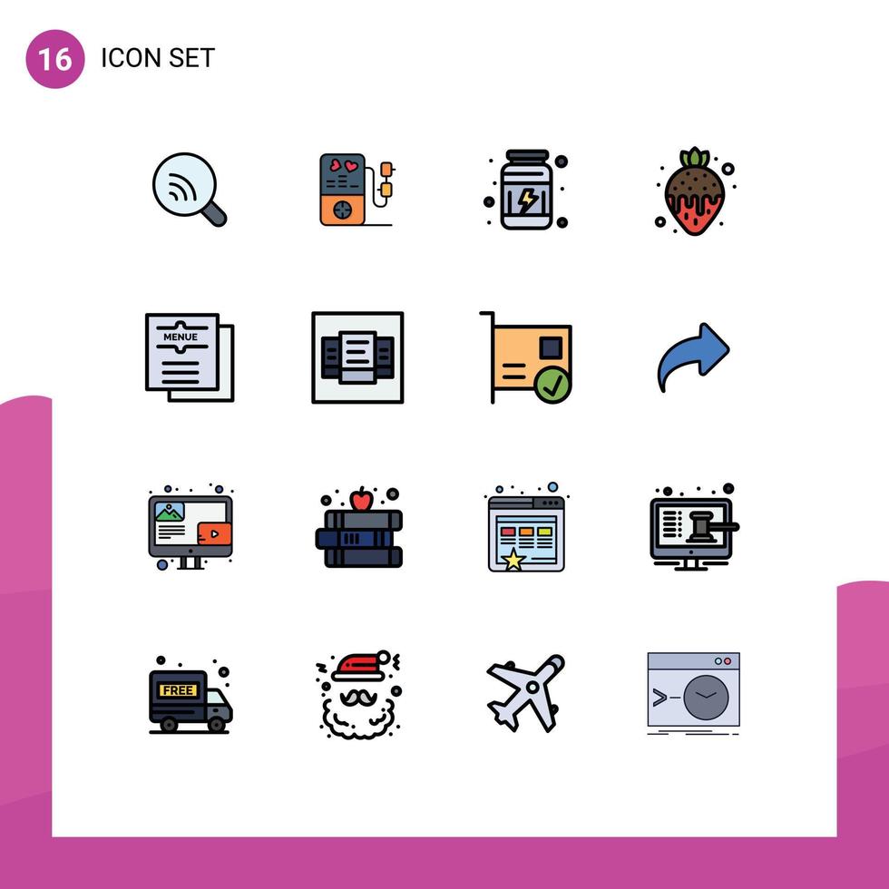 Universal Icon Symbols Group of 16 Modern Flat Color Filled Lines of food cafe proteins strawberry fondue food Editable Creative Vector Design Elements