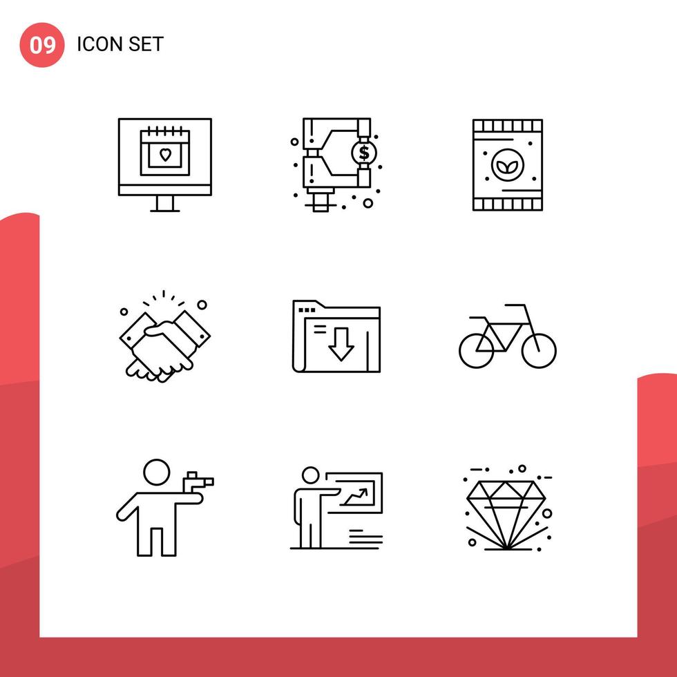 Editable Vector Line Pack of 9 Simple Outlines of data muslim agriculture hand handshake Editable Vector Design Elements