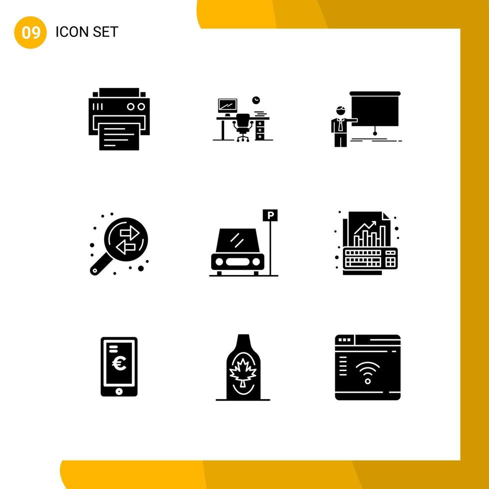 Group of 9 Solid Glyphs Signs and Symbols for finance data analysis room business report Editable Vector Design Elements