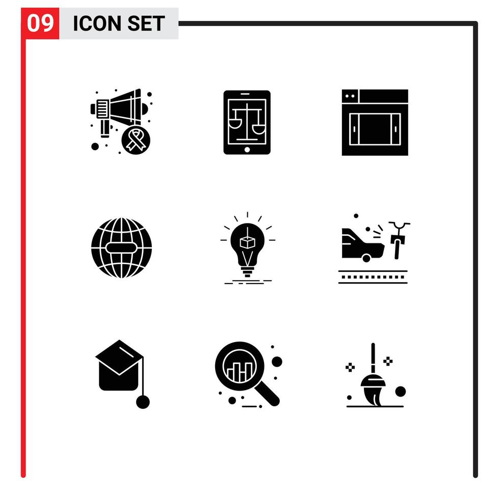 Mobile Interface Solid Glyph Set of 9 Pictograms of bulb internet online globe earth Editable Vector Design Elements