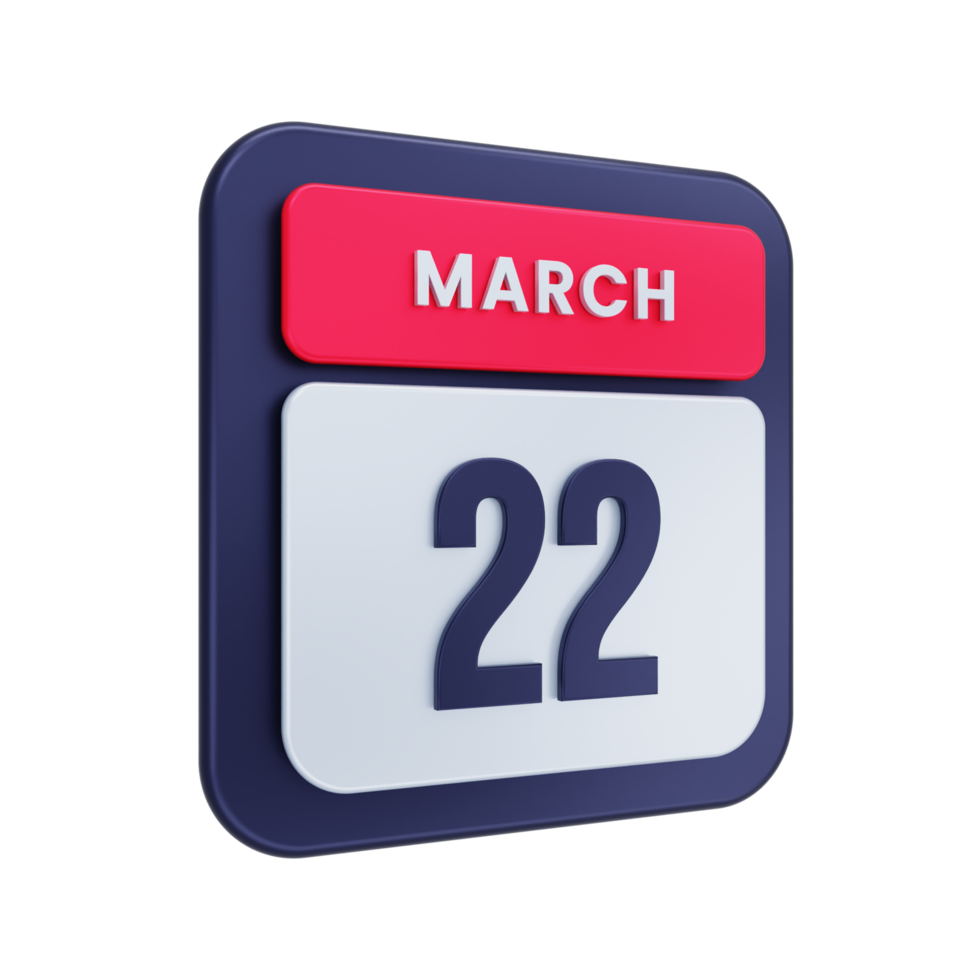 marzo icono de calendario realista ilustración 3d fecha 22 de marzo png