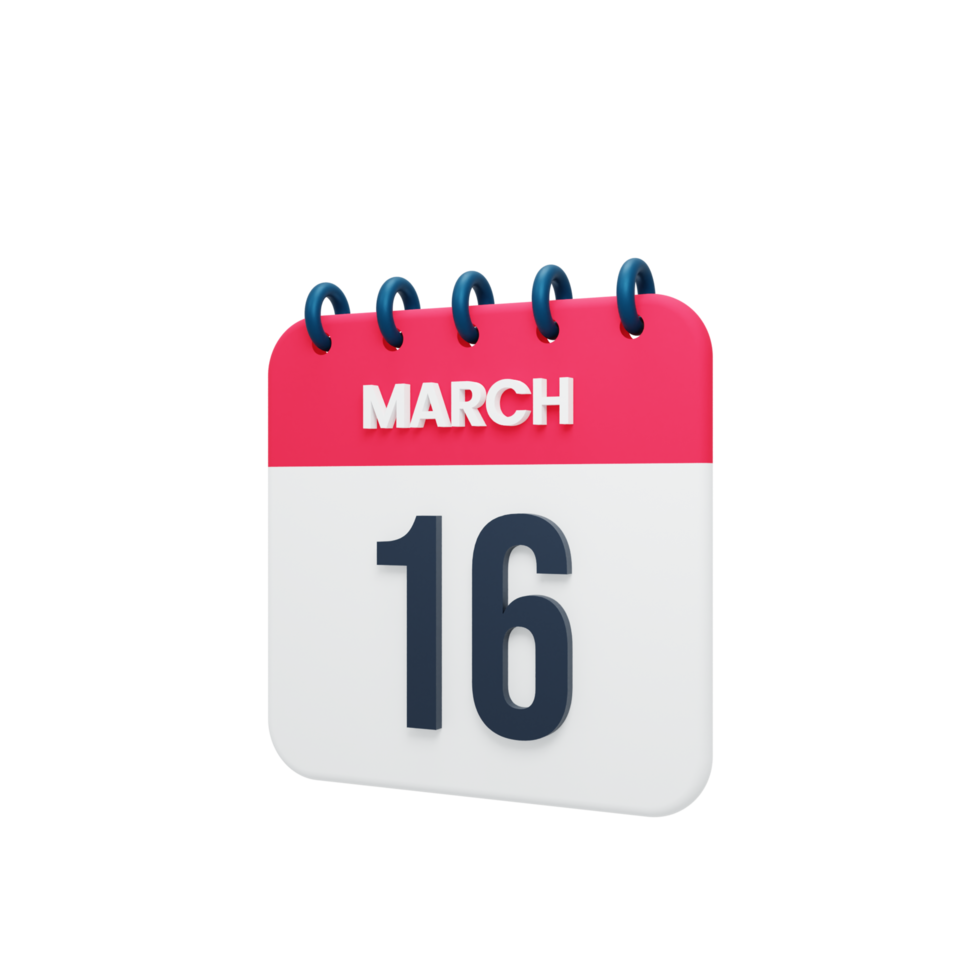 March Realistic Calendar Icon 3D Illustration Date March 16 png