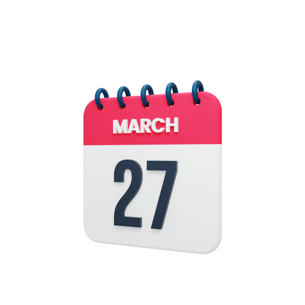 March Realistic Calendar Icon 3D Illustration Date March 27 png