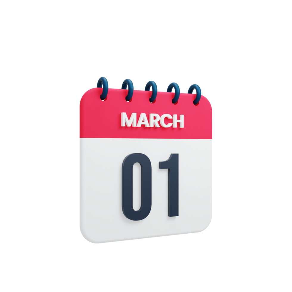 March Realistic Calendar Icon 3D Illustration Date March 01 png