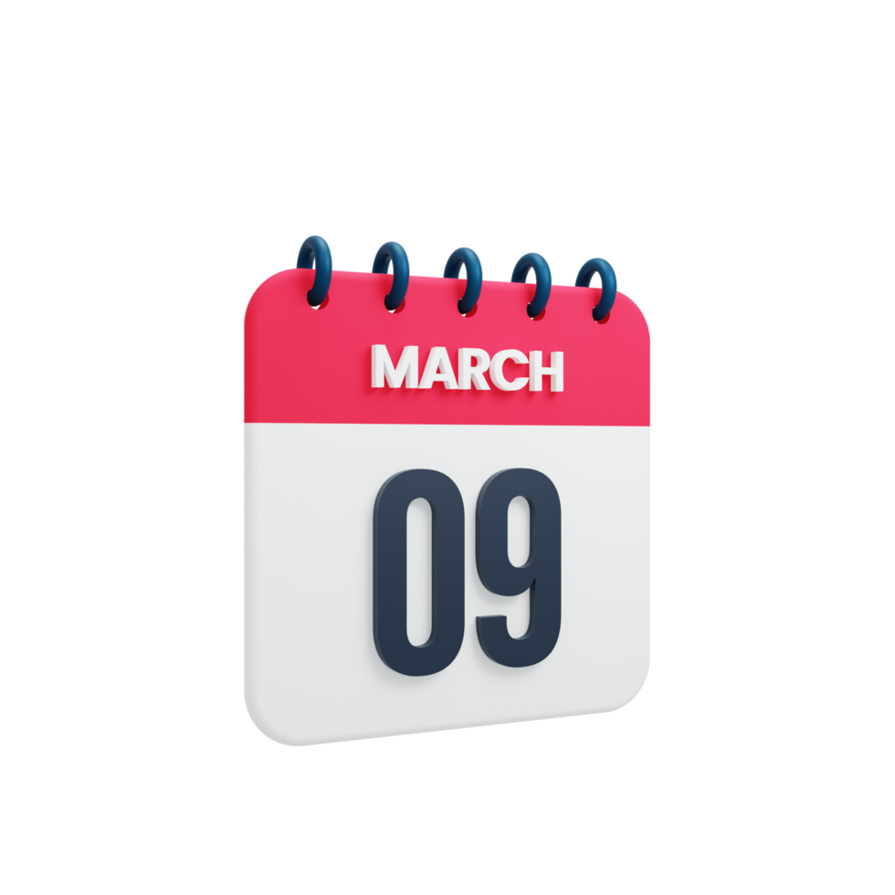 March Realistic Calendar Icon 3D Illustration Date March 09 png