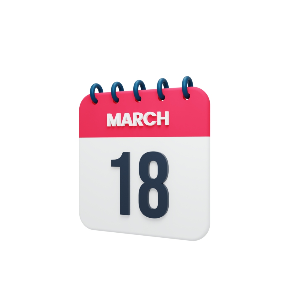 March Realistic Calendar Icon 3D Illustration Date March 18 png