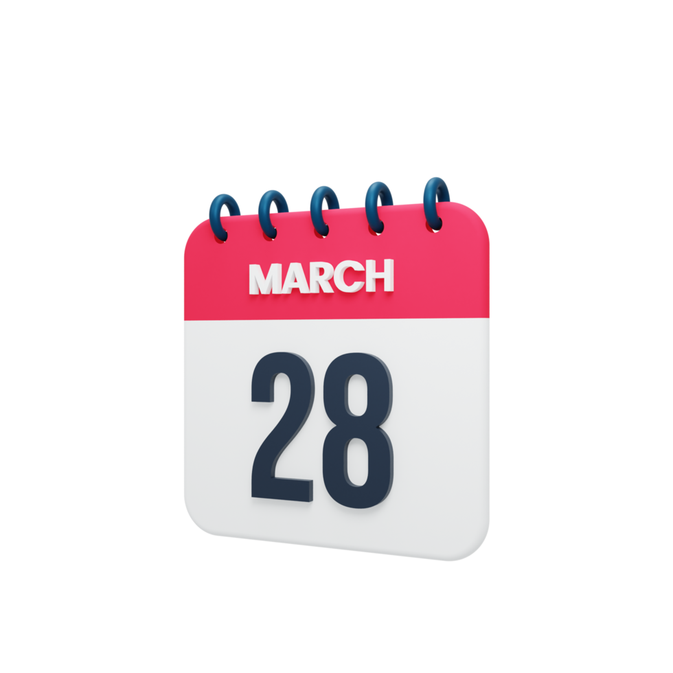 March Realistic Calendar Icon 3D Illustration Date March 28 png